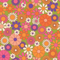 Groovy flowers vector illustration, hippie aesthetic. Psychedelic wallpaper. Colorful floral seamless pattern. Funny multicolored print for fabric, paper, any surface design.