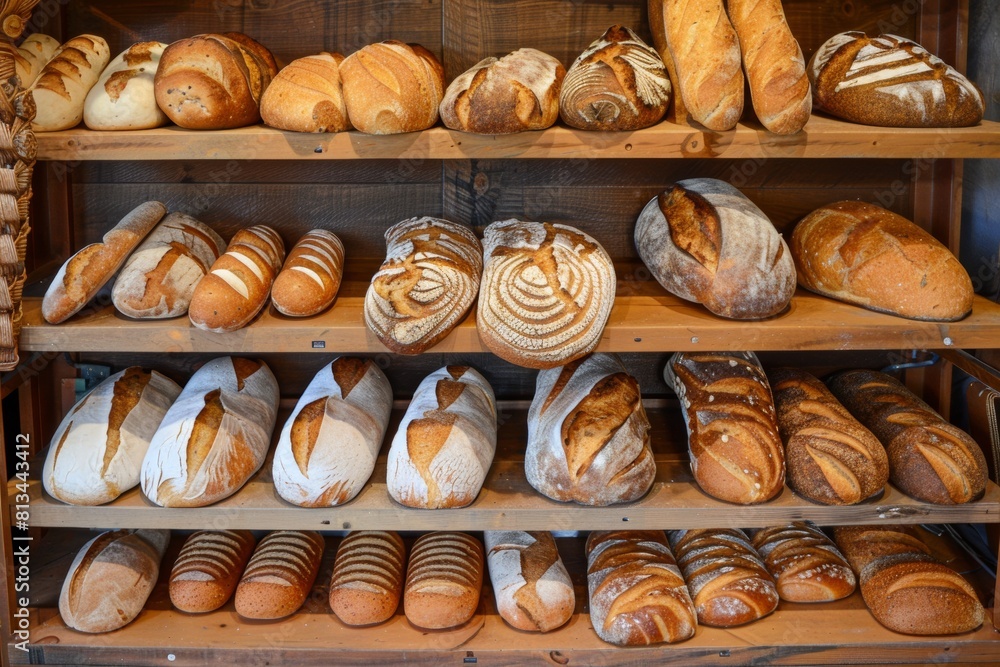 Aufkleber a colorful array of freshly baked bread is beautifully displayed on shelves in a bakery, showcasing 