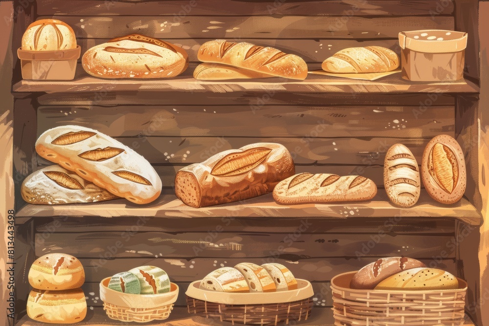 Aufkleber a beautifully arranged assortment of fresh breads and buns filling up a rustic wooden shelf in a bak
