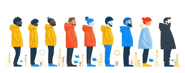 Colorful Line of People in Winter Clothes
