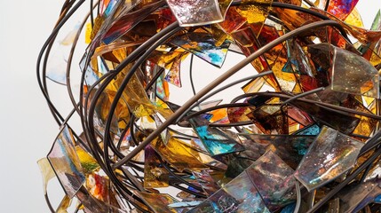 sculpture made from recycled materials, with twisted metal wires and colorful glass shards arranged in a dynamic composition,  dramatic angles and bold contrast to showcase