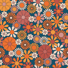 Groovy flowers vector illustration, hippie aesthetic. Psychedelic wallpaper. Colorful floral seamless pattern. Funny multicolored print for fabric, paper, any surface design.