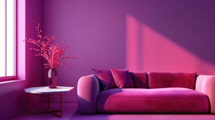 Minimalistic velvet magenta interior with sofa and a table with vase and flowers with sunlight from the window
