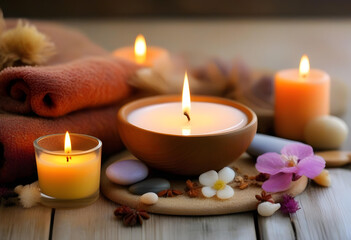 A candle surrounded by pink Himalayan salt and dried flowers in a wooden surface - Powered by Adobe