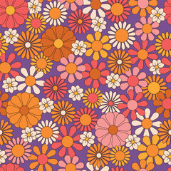 Groovy flowers vector illustration, hippie aesthetic. Psychedelic wallpaper. Colorful floral seamless pattern. Funny multicolored print for fabric, paper, any surface design.