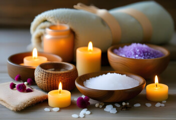 A candle surrounded by pink Himalayan salt and dried flowers in a spa setting