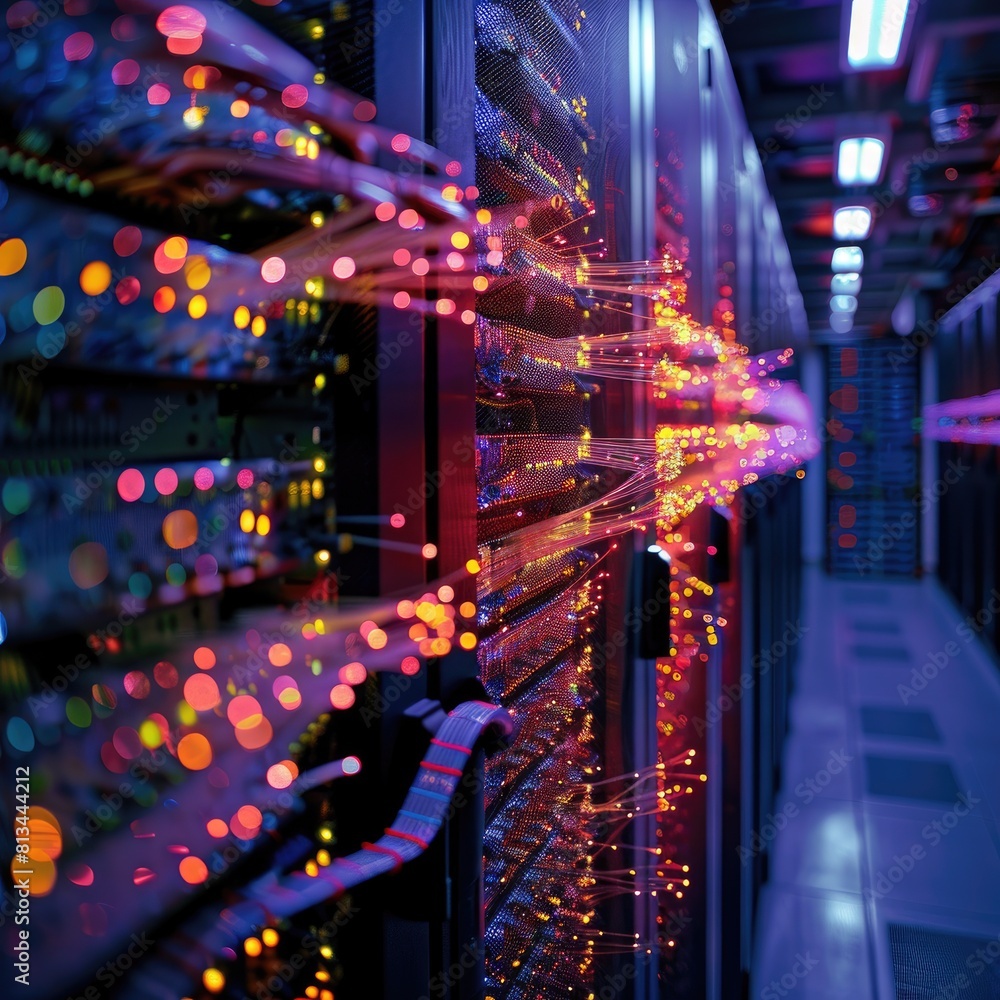 Poster row of purple glowing server racks with blinking lights in a data center.