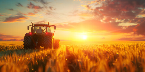 Enhancing Food Production Industry and Sustainability Through Agricultural Tractor at Sunset Concept Food Production Industry Sustainability Agricultural Tractor Sunset Enhancement