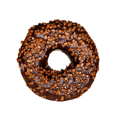 Directly above close-up isolated chocolate donut with hole.