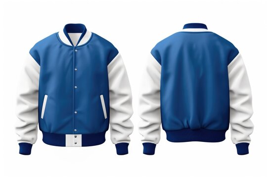 blue and white varsity jacket mockup on white background. front and back view