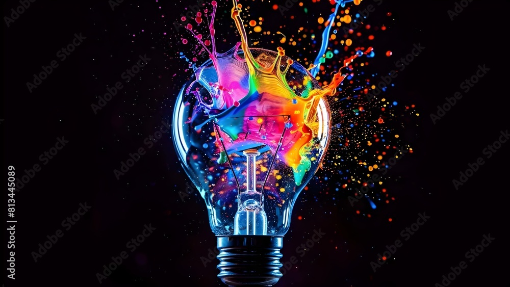Poster exploding colorful light bulb with neon splashes on black background: a creative concept. concept cr