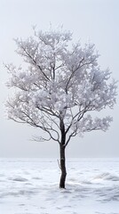 Fototapeta premium Elegant Solitary Winter Tree Covered in Snow Stands Alone in Peaceful Landscape