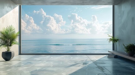 Modern residential, hotel, and homestay interior spaces: the ocean outside the windows