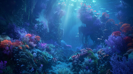 Fototapeta premium An ethereal underwater kingdom filled with shimmering coral reefs and graceful sea creatures, evoking the depths of introspection and discovery.