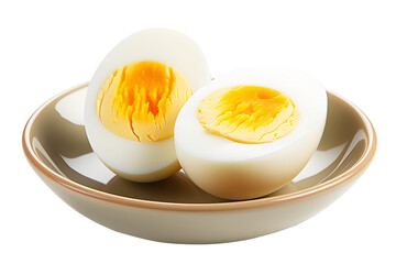 White boiled egg yellow egg yolk in brown plate Isolated on cut out PNG or transparent background. Can cook many things. Popularly eaten for food breakfast. Realistic food clipart template pattern.