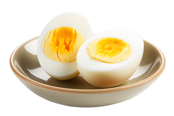 White boiled egg yellow egg yolk in brown plate Isolated on cut out PNG or transparent background. Can cook many things. Popularly eaten for food breakfast. Realistic food clipart template pattern.