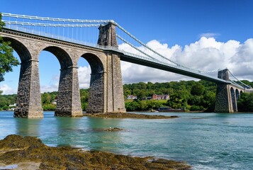 View of Menai Suspension Bridge, Anglesey, Wales, Europe. 