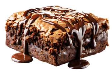 Chocolate flowing on brownie isolated on cut out PNG or transparent background. Easy to eat and is usually eaten with milk or coffee Sometimes served warm with ice cream and topped with whipped cream.