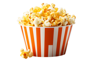 Popcorn in red and white striped cardboard bucket isolated on cut out PNG or transparent background. It's a snack. Made from corn seeds. The origin of popcorn lies in the territory of the Red Indians.