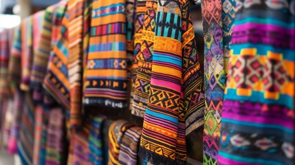 Intricately patterned textiles displayed at a cultural market, showcasing the rich heritage and craftsmanship of a particular ethnic group or indigenous community, with vivid colors