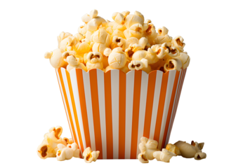 Popcorn in red and white striped cardboard bucket isolated on cut out PNG or transparent background. It's a snack. Made from corn seeds. The origin of popcorn lies in the territory of the Red Indians.