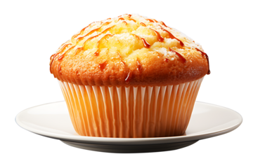 Muffin cupcake close up in white ceramic dish isolated on cut out PNG or transparent background. Bread, made into small loaves. Popularly eaten for breakfast or serve as snack with tea.