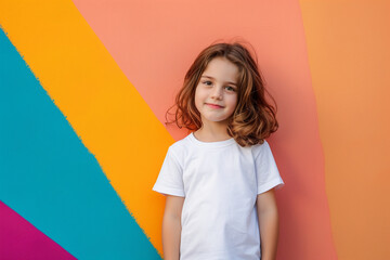 A young girl is standing in front of a colorful wall, wearing a white shirt