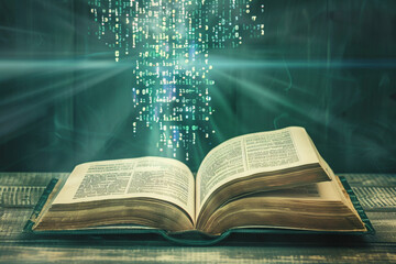 A half-open book with digital code streaming from its pages into a laptop, symbolizing the transfer of knowledge from physical to digital 