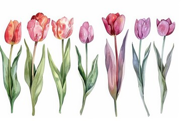 Fototapeta premium A set of watercolor of tulips in various stages of bloom, illustrating the lifecycle of these elegant spring flowers, Clipart isolated concept minimal with white background