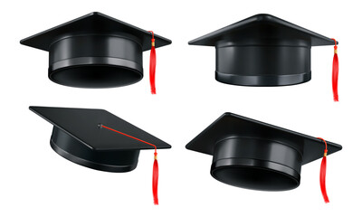 Square academic cap, black graduation hat or mortarboard with red tassel, for graduates of college, high school, university. Clothes for degree ceremony. 3d realistic isolated vector illustration
