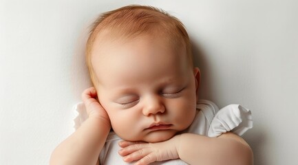 A baby sleeping on a white surface.