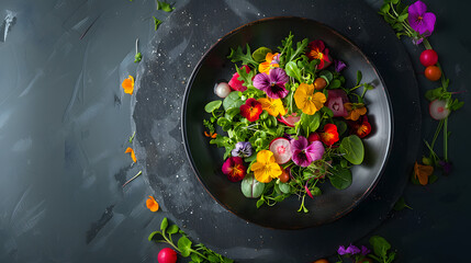 Top view of a gourmet dish, delicately plated with edible flowers and microgreens, in a minimalist...