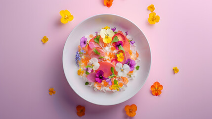 Top view of a gourmet dish, delicately plated with edible flowers and microgreens, in a minimalist...