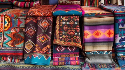 Intricately patterned textiles displayed at a cultural market, showcasing the rich heritage