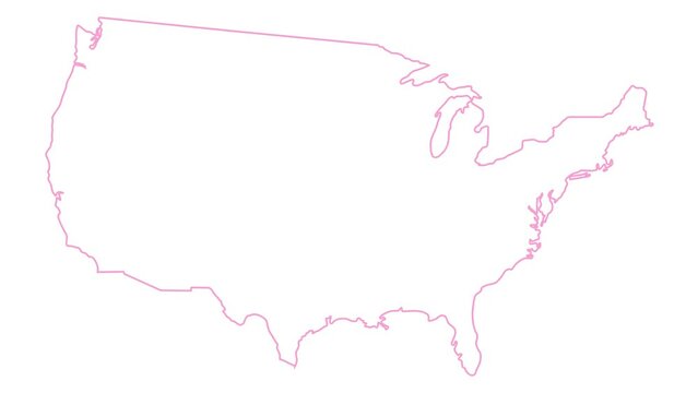 Animated linear pink icon of USA map is drawn. Symbol of United states of America. Line vector illustration isolated on white background.