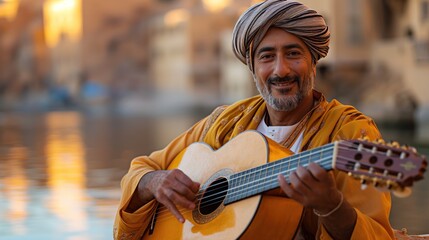 Smiling Musician Playing Guitar by River