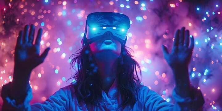 Intelligent woman in bright lights wears virtual reality goggles to enter futuristic cyberspace and interact with virtual objects using both hands. Illusion.