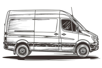 Fototapeta premium a hand-drawn of Delivery van, simple vector svg illustration, black monoline, isolated on with background 
