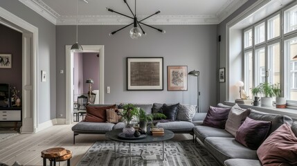 Contemporary Living Room with Subtle Purple Accents, Perfect for Modern Home Decor and Stylish Interiors
