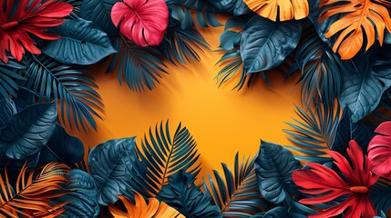 Fototapeta premium Vibrant tropical leaves on a modern, minimalist summer background perfect for advertising and social media.