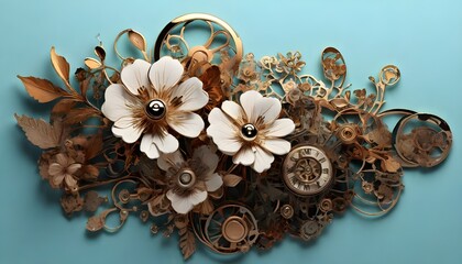 Fototapeta premium floral, vintage background, flover, products, enginer, generative, ai, steampunk, clockwork, brooch Generative AI