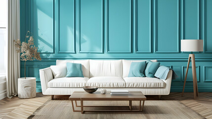 A bright living room with a white sofa, turquoise blue wall panels and wooden flooring. The interior design features a light brown coffee table