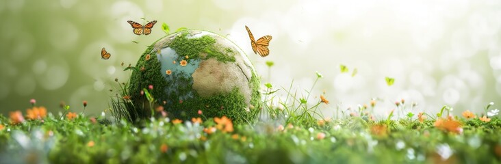 Beautiful Earth with Butterflies and Flowers