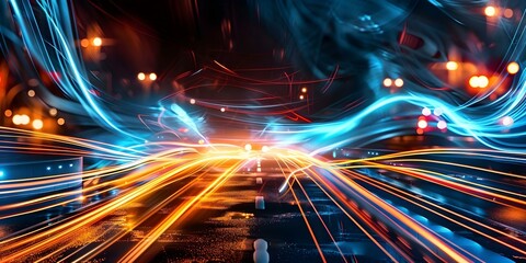 Urban Streets Illuminated by Neon Lights Casting Cinematic Blue and Orange Hues. Concept Urban, Cinematic, Neon Lights,  Blue Hues, Orange Hues