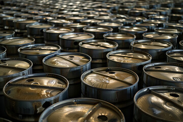A huge number of metal drums used in the chemical industry for storage and transportation 