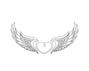 Continuous one line drawing of angel wings illustration. Heart with wings outline vector design. Editable stroke.
