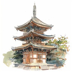 Obraz premium Watercolor painting of a charming Japanese pagoda with multiple tiers and intricate roof details, set against a serene backdrop, Generative AI 