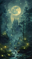 Whispers of Enchantment: An Ethereal Scene of Medieval Fantasy Forest Under Moonlight