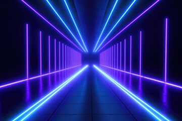 Futuristic arch tunnel in blue light. 3D rendering of an architectural structure for science...