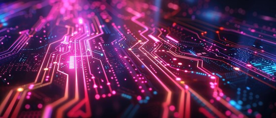 Obraz premium The image is a circuit board with glowing pink and blue lines.